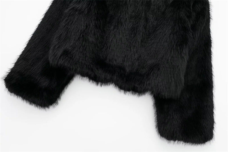 Artificial Fur Effect Polo Collar Jacket Loose Slimming Casual Jacket