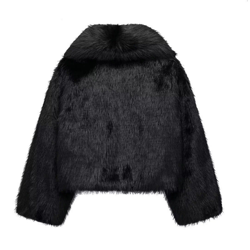 Artificial Fur Effect Polo Collar Jacket Loose Slimming Casual Jacket