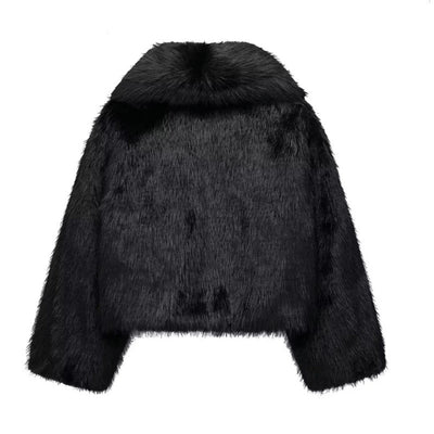 Artificial Fur Effect Polo Collar Jacket Loose Slimming Casual Jacket